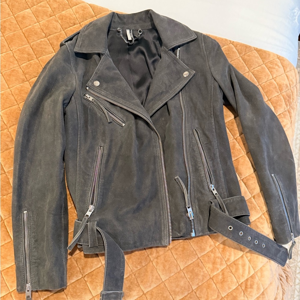 Topshop Charcoal Gray Genuine Suede Moto Jacket